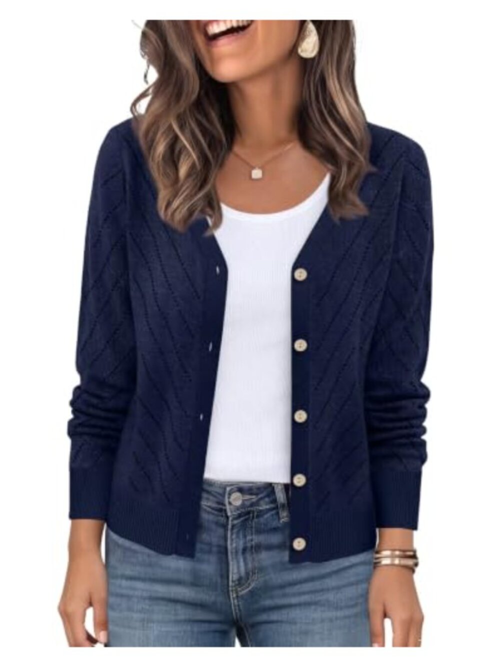 WIHOLL Cardigan Women Diagonal Hollow-Out Knit Sweater Long Sleeve V-Neck Button